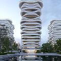 Modern High Rise Residential Building With Curved Design Glass Curtain Walls And Greenery