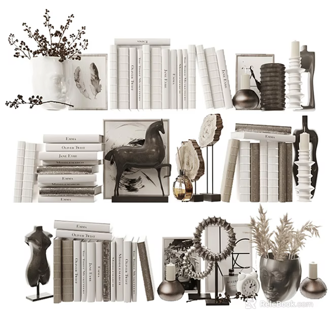 Stylish Books And Magazines Display With Decorative Vases Sculptures And Frames 3d model 