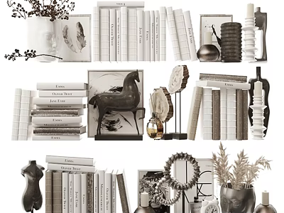 Stylish Books And Magazines Display With Decorative Vases Sculptures And Frames 3d model