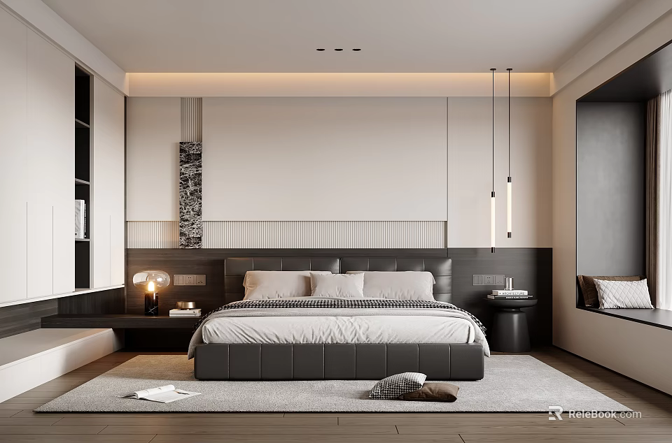 Modern Bedroom Interior Design With Black Bed Frame Table Lamps And Pendant Lights 3d model 