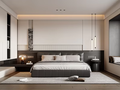 Modern Bedroom Interior Design With Black Bed Frame Table Lamps And Pendant Lights 3d model