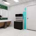 Public Restroom Interior With Gender Signs Vanity Counters Mirrors Trash Bins And Water Dispenser