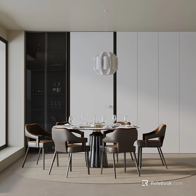 Modern Dining Table Set with Round Dining Table Brown Chairs and White Pendant Light 3d model