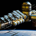 Orbiting Space Station Structure With Solar Panels And Earth Background