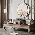 Elegant Chinese Luohan Bed Interior With Tea Table Circular Painting And Wooden Slat Wall