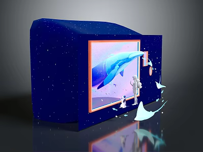 Cartoon Scene With Blue Starry Box Orange Frame Whale Astronaut White Creatures 3d model