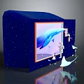 Cartoon Scene With Blue Starry Box Orange Frame Whale Astronaut White Creatures
