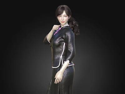 Elegant Woman In Traditional Black Qipao With Mandarin Collar And Ponytail Hairstyle 3d model