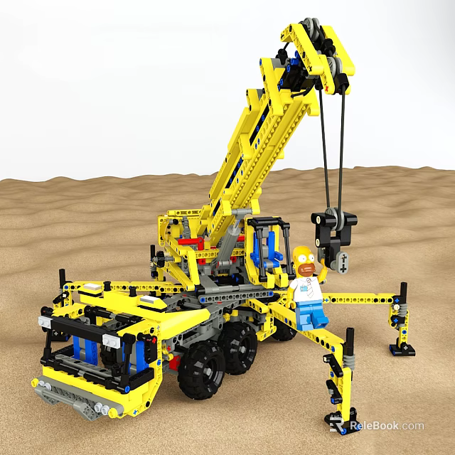 Lego Yellow Crane Construction Toy With Mini Figure On Sand Background 3d model