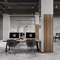 Modern Public Office Area With Desks Computers Chairs Large Windows And City View Plants