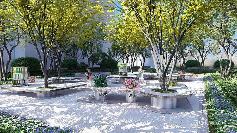 Serene Urban Park Landscape With Lush Trees Stone Benches And Colorful Flower Beds 3d model 