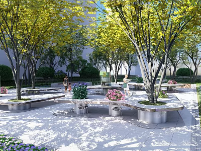 Serene Urban Park Landscape With Lush Trees Stone Benches And Colorful Flower Beds 3d model