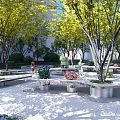 Serene Urban Park Landscape With Lush Trees Stone Benches And Colorful Flower Beds