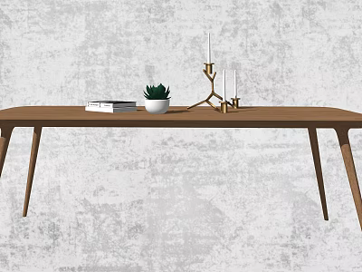 Stylish Wooden Desk with Books Succulent Plant and Gold Candle Holder Against Gray Textured Wall 3d model