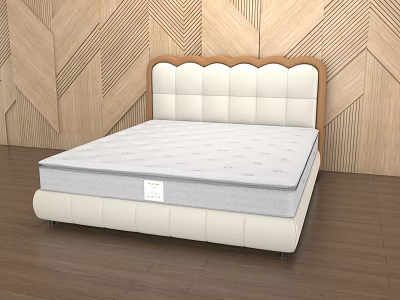 Double Bed With Tufted White Headboard And Wooden Frame On Wooden Floor 3d model