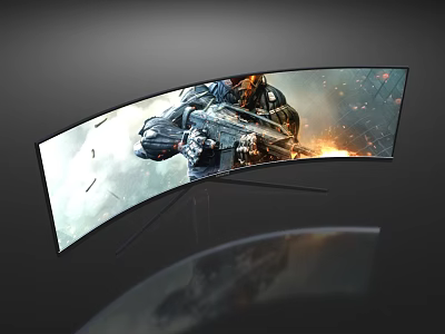 Curved TV Displaying Intense Gaming Battle Scene With Flaming Action And Characters 3d model