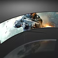 Curved TV Displaying Intense Gaming Battle Scene With Flaming Action And Characters