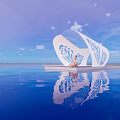 Stunning White Curved Structure With Person Sitting By Calm Water And Blue Sky Reflection