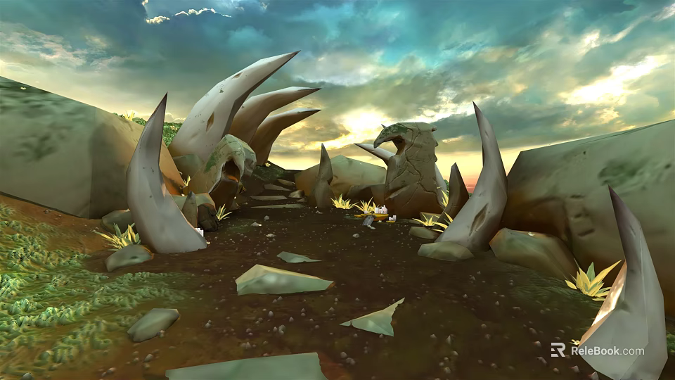 Cartoon Scene Featuring Giant Spiked Structures Sunset Sky Dirt Ground Small Character Stones Yellow Grass 3d model 