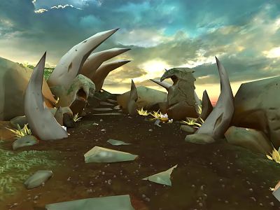 Cartoon Scene Featuring Giant Spiked Structures Sunset Sky Dirt Ground Small Character Stones Yellow Grass 3d model
