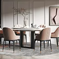 Modern Restaurant Interior Featuring Round Dining Table Pink Chairs Decorative Painting And Floor Lamp