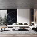 Modern Living Room Interior With Marble Wall Large Windows Sofa Area Rug And Coffee Table