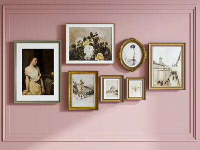Framed Artwork Collection on Pink Wall with Various Styles Sizes and Themes 3d model