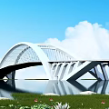 Modern Arched Bridge Spanning Water With Blue Sky Reflection And Grass Flowers 3d model