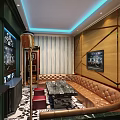Modern KTV Room Interior With Brown Leather Sofa Chevron Wall Marble Table TV And Lighting