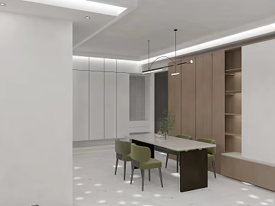 Modern Dining and Living Room Interior With Pendant Lights Green Chairs And Wooden Cabinets 3d model