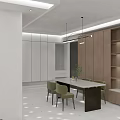 Modern Dining and Living Room Interior With Pendant Lights Green Chairs And Wooden Cabinets