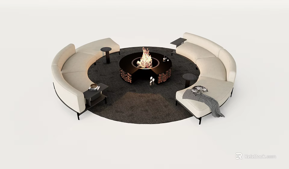 Modern Circular Sofa And Coffee Table Set With Fire Pit And Side Tables On Rug 3d model