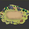 Scenic Floating Island Landscape With Green Trees Small Buildings Fences Red Barrels And Rocky Terrain