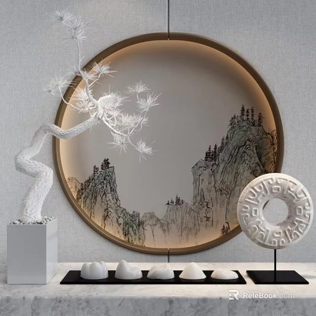 Chinese Style Decorative Ornament Set With Lit Circular Landscape Painting And White Tree Jade Disk 3d model 