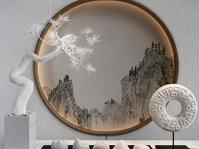 Chinese Style Decorative Ornament Set With Lit Circular Landscape Painting And White Tree Jade Disk 3d model