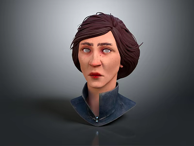 3D Woman Head Model with Short Brown Hair Blue High Neck Coat Gray Background 3d model