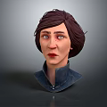 3D Woman Head Model with Short Brown Hair Blue High Neck Coat Gray Background