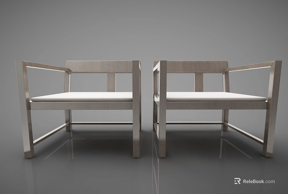 Modern Style Leisure Chairs with Metal Frame and Light Colored Cushion Side by Side 3d model 