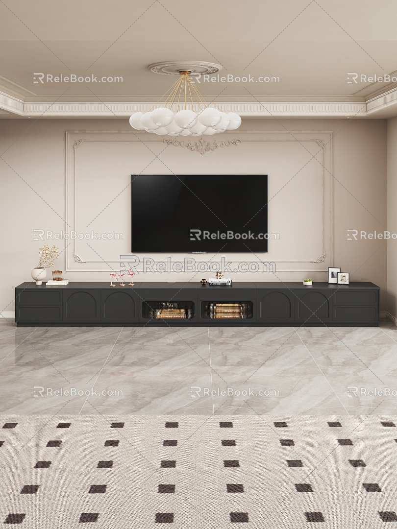 Living Room TV Cabinet TV Background Wall Gypsum Line Light Plate Gypsum Ceiling Table Flamingo Album Book Chandelier Carpet Tile French Simple Nordic Style 3d model