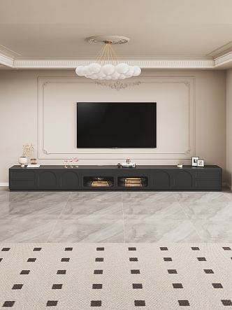 Living Room TV Cabinet TV Background Wall Gypsum Line Light Plate Gypsum Ceiling Table Flamingo Album Book Chandelier Carpet Tile French Simple Nordic Style 3d model