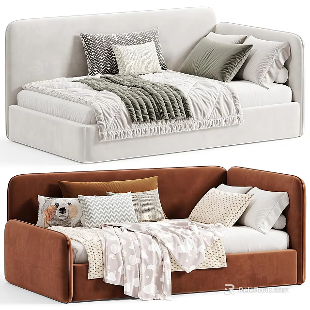 Cozy Children's Bed With White And Brown Frames Soft Pillows And Warm Blankets 3d model 