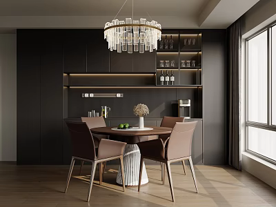 Modern Restaurant Interior Design With Crystal Chandelier Dark Cabinets And Round Dining Table 3d model