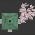 Cartoon Scene Featuring Red Multi tiered Tower With Green Roof And Pink Cherry Blossom Tree