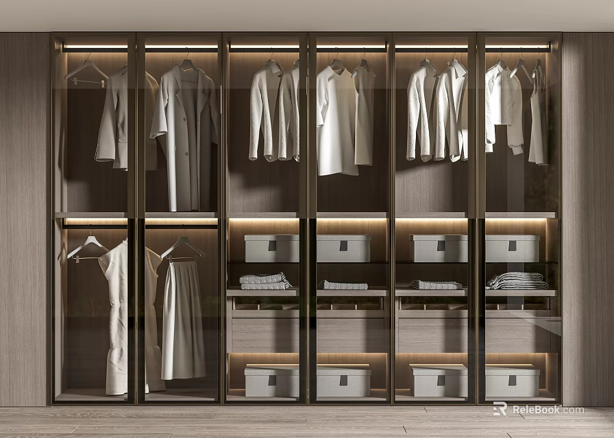 Modern Wardrobe Interior Design With Glass Doors Hanging Clothes Storage Shelves And LED Lighting 3d model 