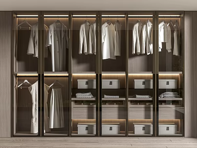Modern Wardrobe Interior Design With Glass Doors Hanging Clothes Storage Shelves And LED Lighting 3d model