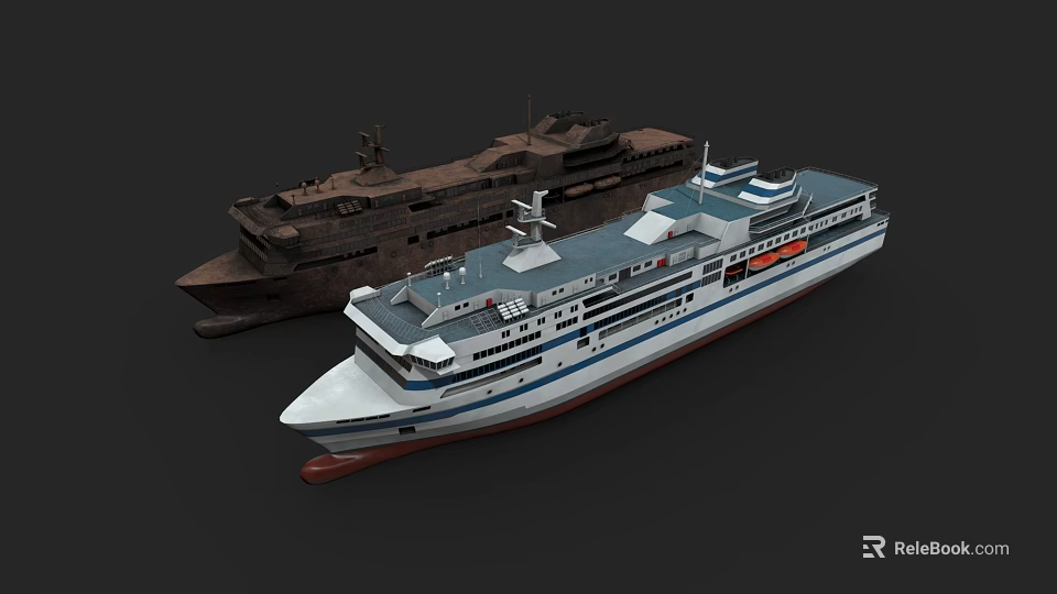 Vintage Weathered Ship and Modern White Blue Passenger Ship with Upper Deck Designs 3d model 