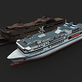 Vintage Weathered Ship and Modern White Blue Passenger Ship with Upper Deck Designs
