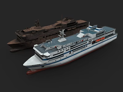 Vintage Weathered Ship and Modern White Blue Passenger Ship with Upper Deck Designs 3d model