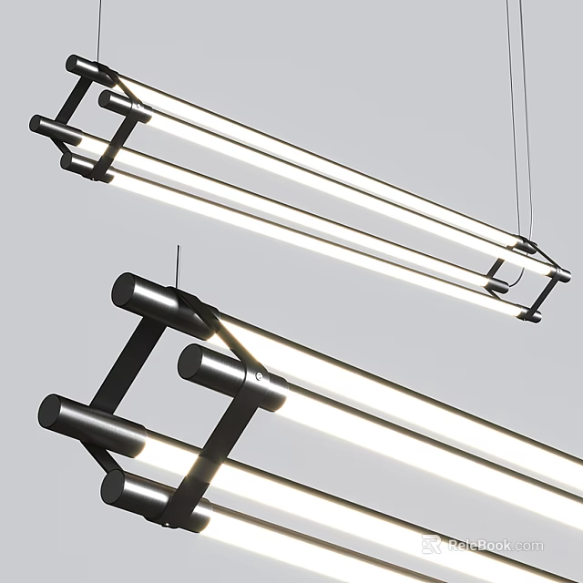 Modern Linear Hanging Pendant Light With Black Metal Frame And LED Tubes For Interior Design 3d model 