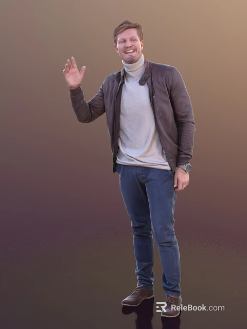 Man In Brown Jacket Gray Turtleneck Shirt Blue Jeans With Wristwatch Standing And Waving Hand 3d model 